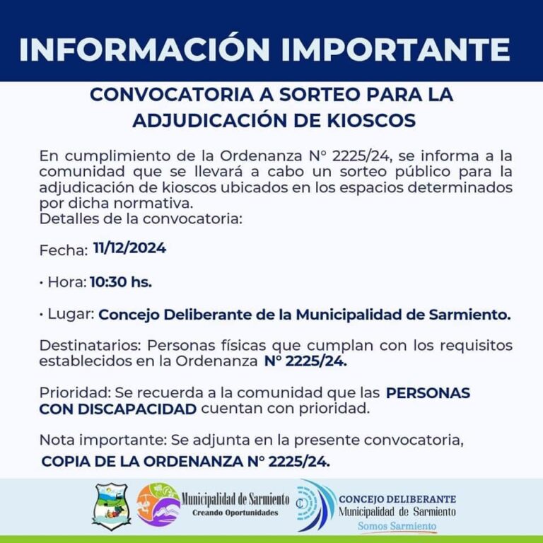 CONVOCATORIA A SORTEO PARA LA ADJUDICACIÓN DE KIOSCOS