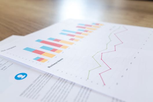 A close-up view of a business document with charts and graphs on a wooden desk.